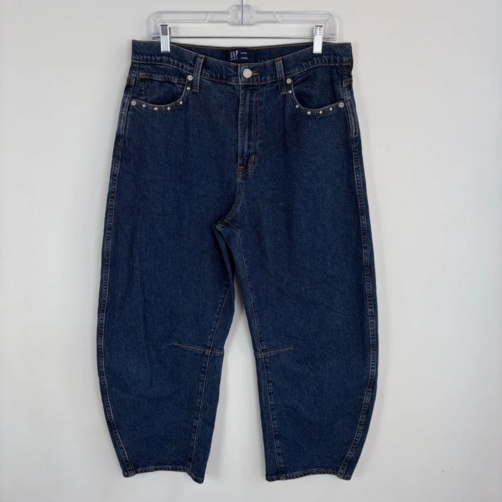 Gap Denim High Rise Studded Barrel Jeans Dark Wash Low Stretch Denim 10 Short - Picture 3 of 11